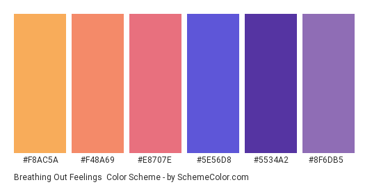 Breathing Out Feelings - Color scheme palette thumbnail - #f8ac5a #f48a69 #e8707e #5e56d8 #5534a2 #8f6db5 