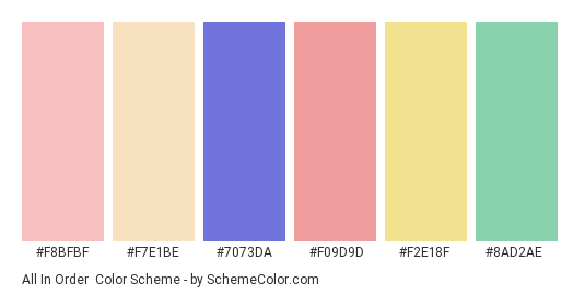 All in Order - Color scheme palette thumbnail - #f8bfbf #f7e1be #7073da #f09d9d #f2e18f #8ad2ae 