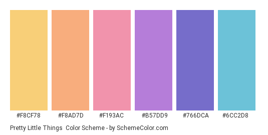 Pretty Little Things - Color scheme palette thumbnail - #f8cf78 #f8ad7d #f193ac #b57dd9 #766dca #6cc2d8 