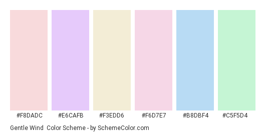 Gentle Wind - Color scheme palette thumbnail - #f8dadc #e6cafb #f3edd6 #f6d7e7 #b8dbf4 #c5f5d4 