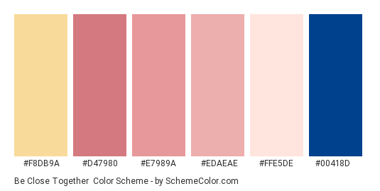 Be Close Together - Color scheme palette thumbnail - #f8db9a #d47980 #e7989a #edaeae #ffe5de #00418d 
