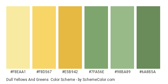 Dull Yellows and Greens - Color scheme palette thumbnail - #f8eaa1 #f8d567 #e5b942 #7fa56e #98ba89 #6a8b5a 