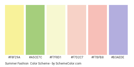 Summer Fashion - Color scheme palette thumbnail - #f8f29a #a5ce7c #f7f8d1 #f7d2c7 #f7bfb8 #b3aede 