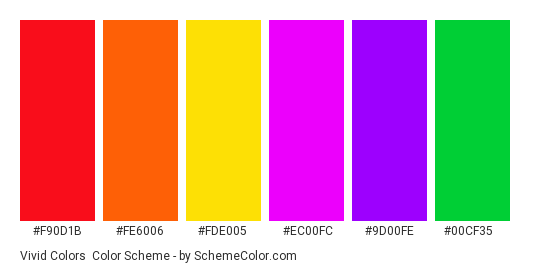 Vivid Colors - Color scheme palette thumbnail - #f90d1b #fe6006 #fde005 #ec00fc #9d00fe #00cf35 