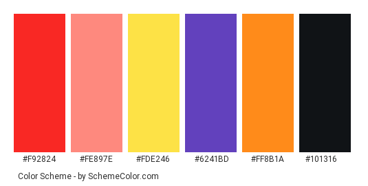 Toucan - Color scheme palette thumbnail - #f92824 #fe897e #fde246 #6241bd #ff8b1a #101316 