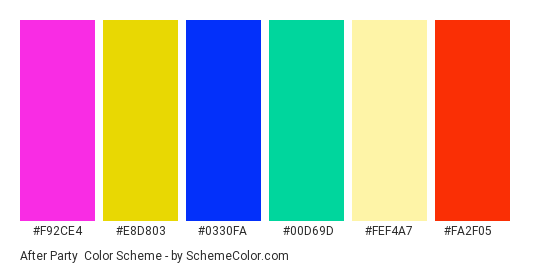 After Party - Color scheme palette thumbnail - #f92ce4 #e8d803 #0330fa #00d69d #fef4a7 #fa2f05 