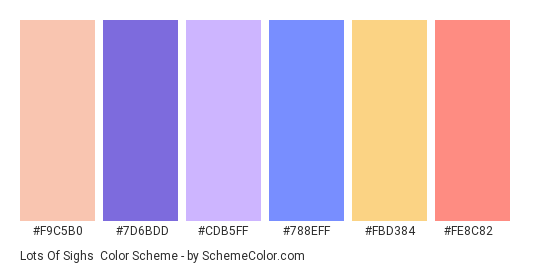 Lots of Sighs - Color scheme palette thumbnail - #f9c5b0 #7d6bdd #cdb5ff #788eff #fbd384 #fe8c82 