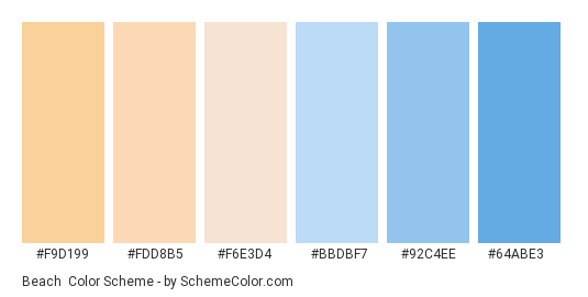 Beach - Color scheme palette thumbnail - #f9d199 #fdd8b5 #f6e3d4 #bbdbf7 #92c4ee #64abe3 