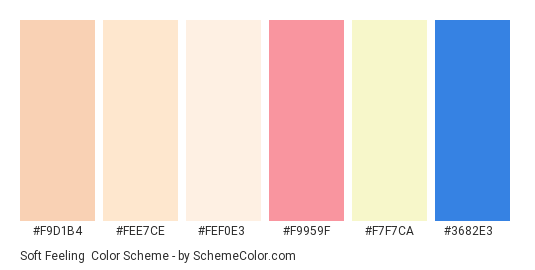 Soft Feeling - Color scheme palette thumbnail - #f9d1b4 #fee7ce #fef0e3 #f9959f #f7f7ca #3682e3 