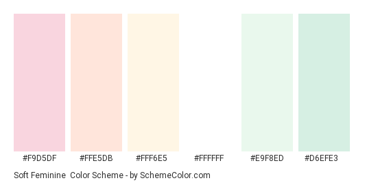 Soft Feminine - Color scheme palette thumbnail - #f9d5df #ffe5db #fff6e5 #ffffff #e9f8ed #d6efe3 