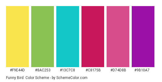 Funny bird - Color scheme palette thumbnail - #f9e44d #8ac253 #13c7c8 #c8175b #d74d8b #9b10a7 