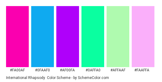 International Rhapsody - Color scheme palette thumbnail - #fa00af #0faaf0 #af00fa #0affa0 #affaaf #faaffa 