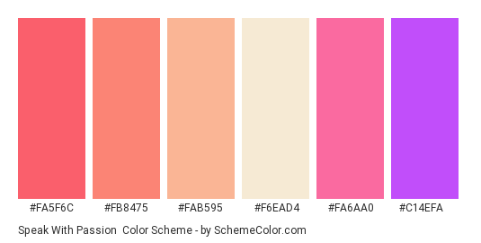 Speak with Passion - Color scheme palette thumbnail - #fa5f6c #fb8475 #fab595 #f6ead4 #fa6aa0 #c14efa 