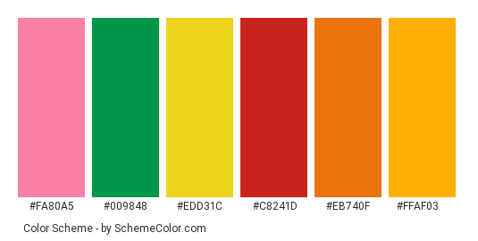Throw Me Some Jelly Beans - Color scheme palette thumbnail - #fa80a5 #009848 #edd31c #c8241d #eb740f #ffaf03 