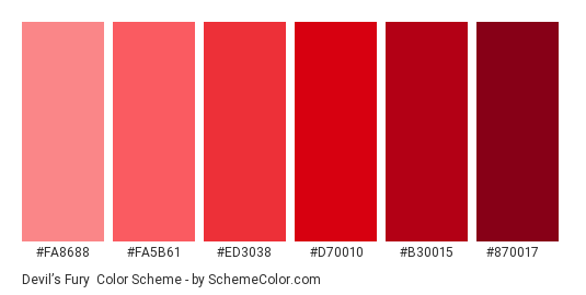 Devil’s Fury - Color scheme palette thumbnail - #fa8688 #fa5b61 #ed3038 #d70010 #b30015 #870017 