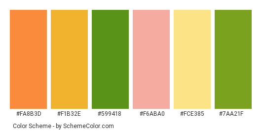 Leaves of Different Colors - Color scheme palette thumbnail - #fa8b3d #f1b32e #599418 #f6aba0 #fce385 #7aa21f 