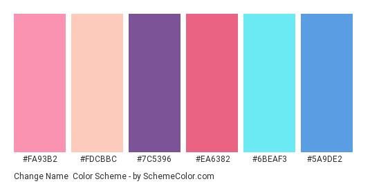 Change Name - Color scheme palette thumbnail - #fa93b2 #fdcbbc #7c5396 #ea6382 #6beaf3 #5a9de2 