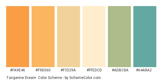 Tangerine Dream - Color scheme palette thumbnail - #fa9e46 #f9b560 #f1d29a #ffedcd #adbc8a #64a8a2 