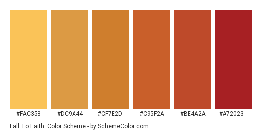 Fall to Earth - Color scheme palette thumbnail - #fac358 #dc9a44 #cf7e2d #c95f2a #be4a2a #a72023 