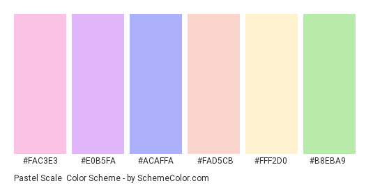 Pastel Scale - Color scheme palette thumbnail - #fac3e3 #e0b5fa #acaffa #fad5cb #fff2d0 #b8eba9 