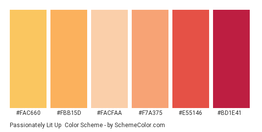 Passionately Lit Up - Color scheme palette thumbnail - #fac660 #fbb15d #facfaa #f7a375 #e55146 #bd1e41 