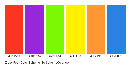 Zippy Fest - Color scheme palette thumbnail - #fb3522 #9826da #7df804 #ffef00 #ff9832 #2b81e2 