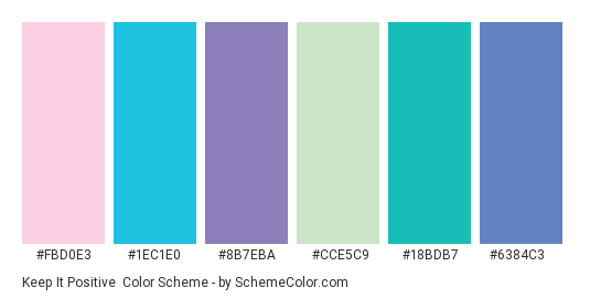 Keep it Positive - Color scheme palette thumbnail - #fbd0e3 #1ec1e0 #8b7eba #cce5c9 #18bdb7 #6384c3 