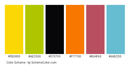 Colorful Toucan - Color scheme palette thumbnail - #fbd805 #aec500 #070709 #f77700 #b84f60 #66bcd0 