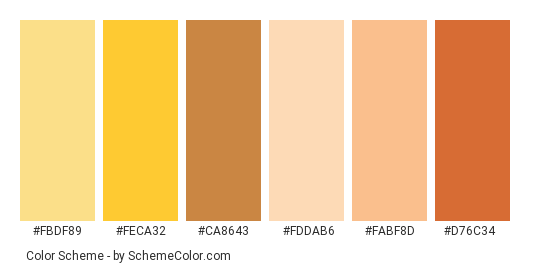 Sunshine On My Shoulders - Color scheme palette thumbnail - #fbdf89 #FECA32 #ca8643 #fddab6 #fabf8d #d76c34 