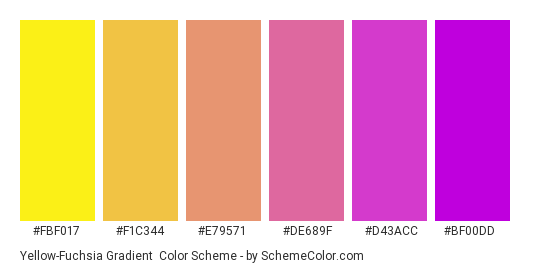 Yellow-Fuchsia Gradient - Color scheme palette thumbnail - #fbf017 #f1c344 #e79571 #de689f #d43acc #BF00DD 