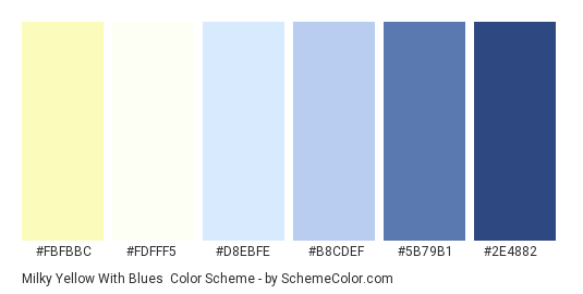 Milky Yellow with Blues - Color scheme palette thumbnail - #fbfbbc #fdfff5 #d8ebfe #b8cdef #5b79b1 #2e4882 