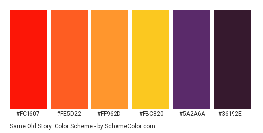 Same Old Story - Color scheme palette thumbnail - #fc1607 #fe5d22 #ff962d #fbc820 #5a2a6a #36192e 