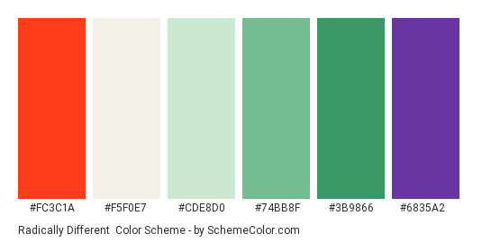 Radically Different - Color scheme palette thumbnail - #fc3c1a #f5f0e7 #cde8d0 #74bb8f #3b9866 #6835a2 