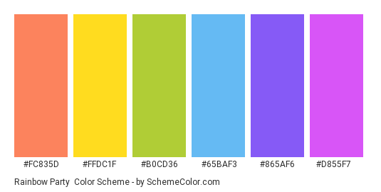 Rainbow Party - Color scheme palette thumbnail - #fc835d #ffdc1f #b0cd36 #65baf3 #865af6 #d855f7 