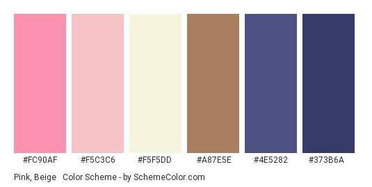 Pink, Beige & Navy - Color scheme palette thumbnail - #fc90af #f5c3c6 #f5f5dd #a87e5e #4e5282 #373b6a 