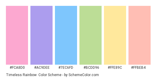 Timeless Rainbow - Color scheme palette thumbnail - #fca8d0 #ac9dee #7ec6fd #bcdd96 #ffe89c #ffbeb4 
