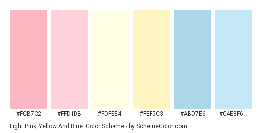Light Pink, Yellow and Blue - Color scheme palette thumbnail - #fcb7c2 #ffd1db #fdfee4 #fef5c3 #abd7e6 #c4e8f6 