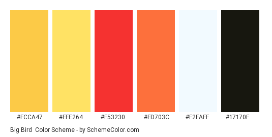 Big Bird - Color scheme palette thumbnail - #fcca47 #ffe264 #f53230 #fd703c #f2faff #17170f 