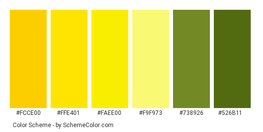 Yellow Spring Flowers - Color scheme palette thumbnail - #fcce00 #ffe401 #faee00 #f9f973 #738926 #526b11 