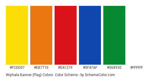 Wiphala Banner (Flag) Colors - Color scheme palette thumbnail - #fcdd07 #eb7710 #da1219 #0f47af #068930 #ffffff 