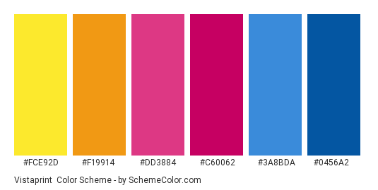 Vistaprint - Color scheme palette thumbnail - #fce92d #f19914 #dd3884 #c60062 #3a8bda #0456a2 