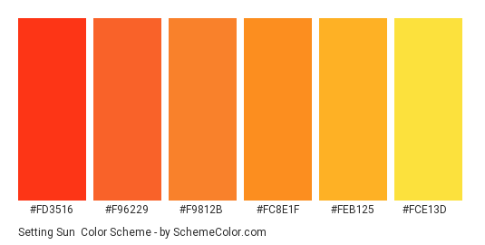 Setting Sun - Color scheme palette thumbnail - #fd3516 #f96229 #f9812b #fc8e1f #feb125 #fce13d 