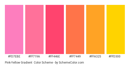 Pink-Yellow Gradient - Color scheme palette thumbnail - #fd7ebe #ff719a #FF446E #FF7449 #FFA325 #FFD300 