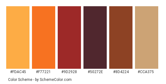 Dry Autumn - Color scheme palette thumbnail - #fdac45 #f77221 #9d2928 #50272e #8d4224 #cca375 