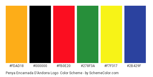 Penya Encarnada d’Andorra Logo - Color scheme palette thumbnail - #fdad18 #000000 #fb0e20 #278f3a #f7f317 #2b429f 