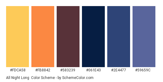 All Night Long - Color scheme palette thumbnail - #fdca58 #fb8842 #583239 #061e43 #2e4477 #59659c 