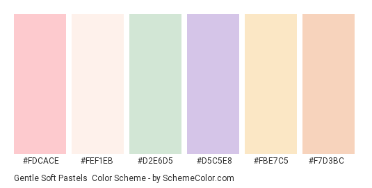Gentle Soft Pastels - Color scheme palette thumbnail - #fdcace #fef1eb #d2e6d5 #d5c5e8 #fbe7c5 #f7d3bc 