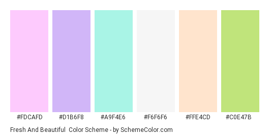 Fresh and Beautiful - Color scheme palette thumbnail - #fdcafd #d1b6f8 #a9f4e6 #f6f6f6 #ffe4cd #c0e47b 