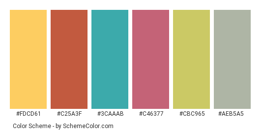 Little Model Girl - Color scheme palette thumbnail - #fdcd61 #c25a3f #3caaab #c46377 #cbc965 #aeb5a5 