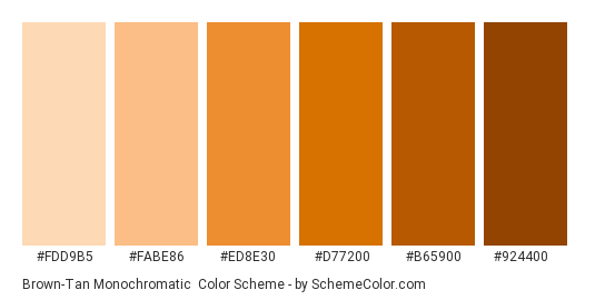 Brown-Tan Monochromatic - Color scheme palette thumbnail - #fdd9b5 #fabe86 #ed8e30 #d77200 #b65900 #924400 